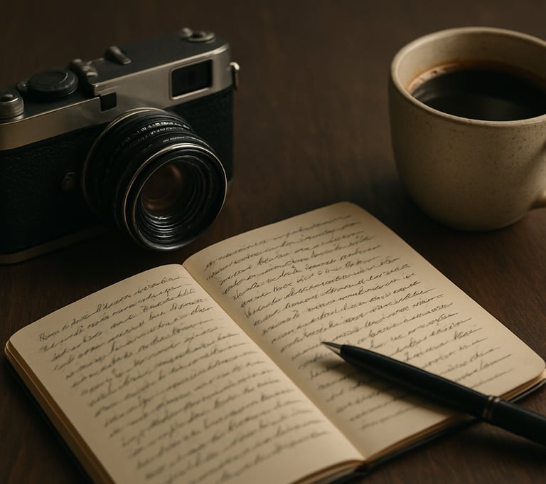 An artistic shot of a camera sitting next to some hand-written notes and a cup of coffee. The table is a dark charcoal wood, and the lighting is warm and personal.