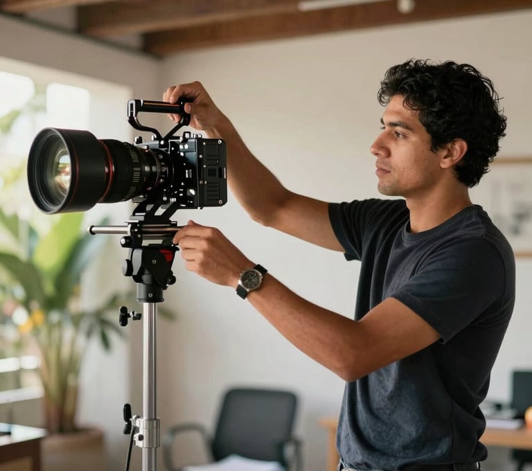 A creative professional on a Latin American / Hispanic film set adjusting a lighting rig, cinematic natural lighting, wearing modern professional attire.