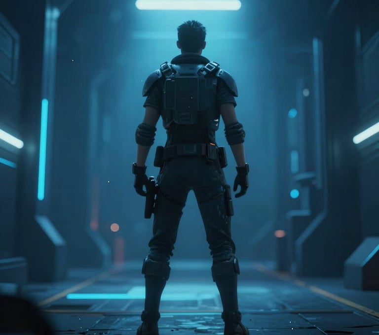 A gameplay screenshot showing a character standing in a dimly lit corridor with dynamic blue glowing lights (#A7BCCB). High-quality shadows and particle effects visible. Sophisticated sci-fi atmosphere.