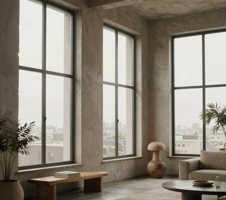 Atmospheric shot of a modern Latinoamericano / Hispano loft with large windows, soft diffused light, decorated with organic materials and earthy tones like taupe and off-white.