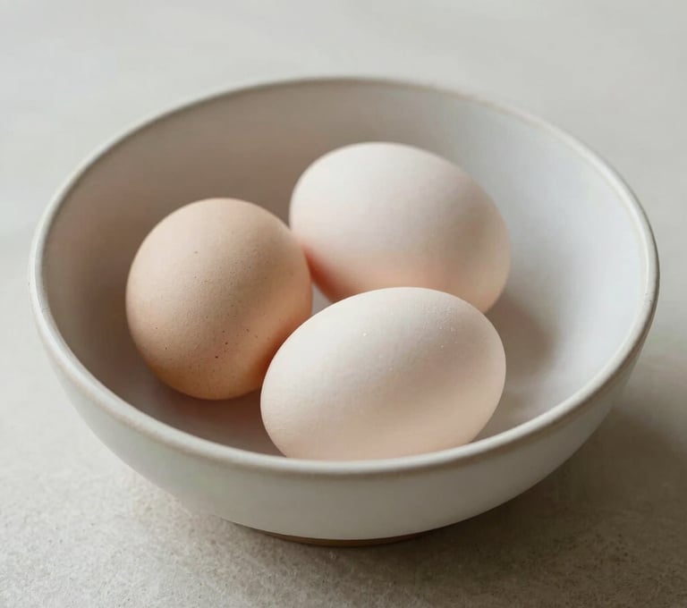 Still life painting of a ceramic bowl containing three eggs, arranged with minimalist precision. The scene is bathed in soft, natural light, using a palette of soft off-white and warm stone tones.