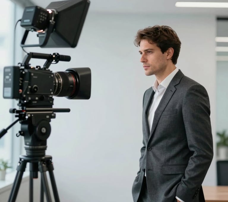 A professional corporate video production set in a modern Brazilian office. A clean setup with professional lights and a subject in a dark gray suit. High-end, minimalist aesthetic, light gray background.