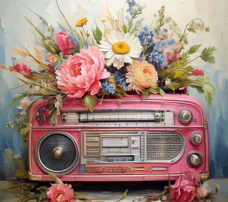 a radio player with flowers on a table