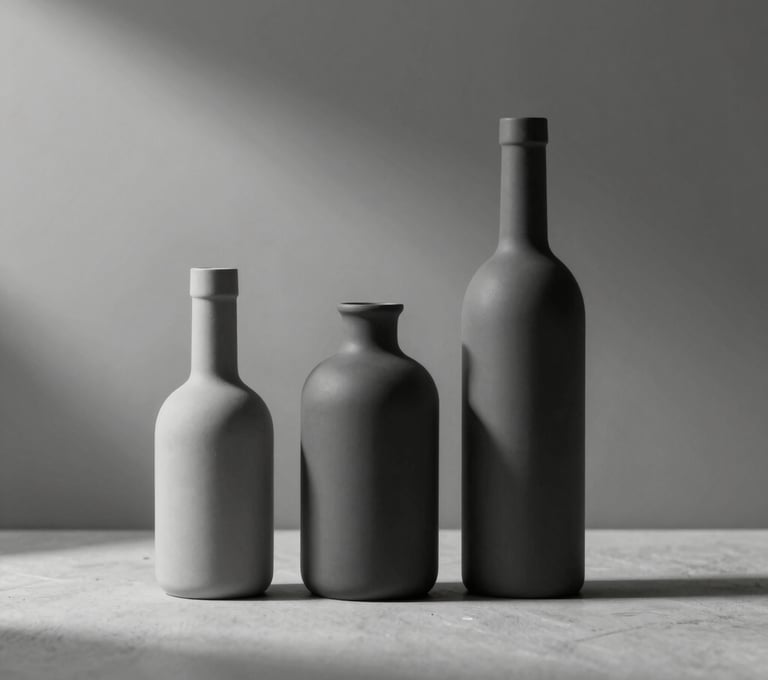 A vertical photograph capturing the interplay of light and shadow on a simple still life. Elegant forms in #AEAEA7 and #26211F create a sophisticated, moody atmosphere that evokes professional artistry.