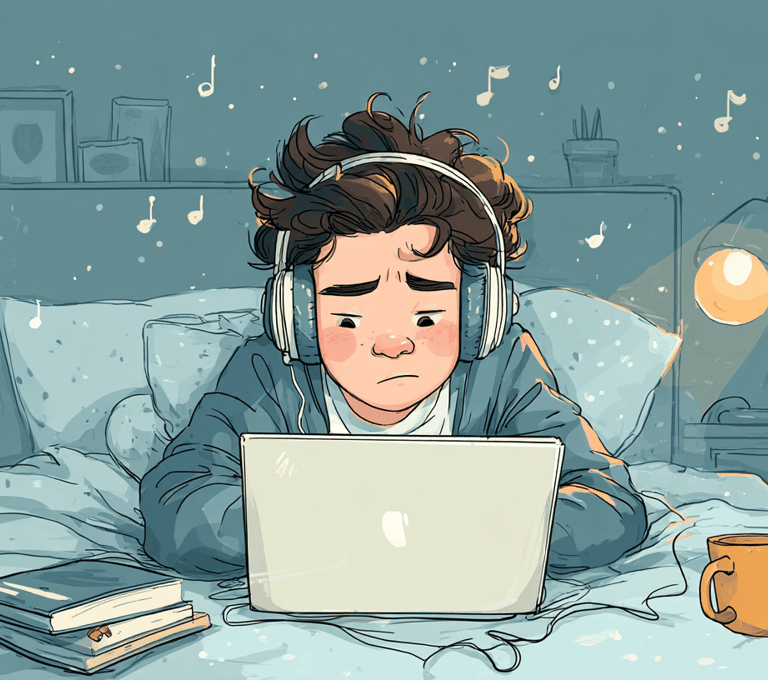 a man in headphones and headphones is sitting in bed