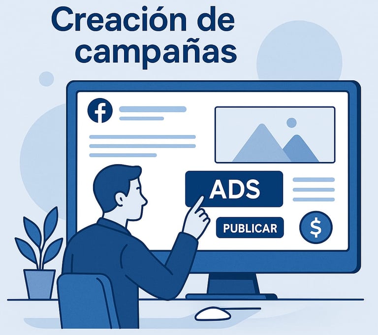 Ilustración de un hombre creando campañas de anuncios en Facebook (Facebook Ads). Se ve el logo de Facebook en un monitor, un