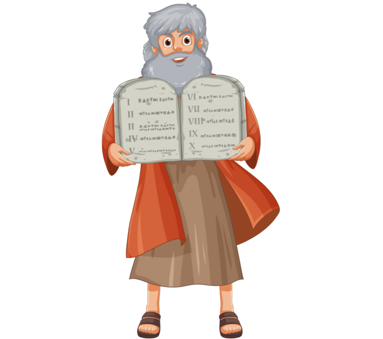 Bearded man holding a large book, symbolizing Moses and the Ten Commandments.