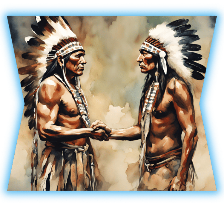 Two Native American Chiefs shaking hands showing each other respect