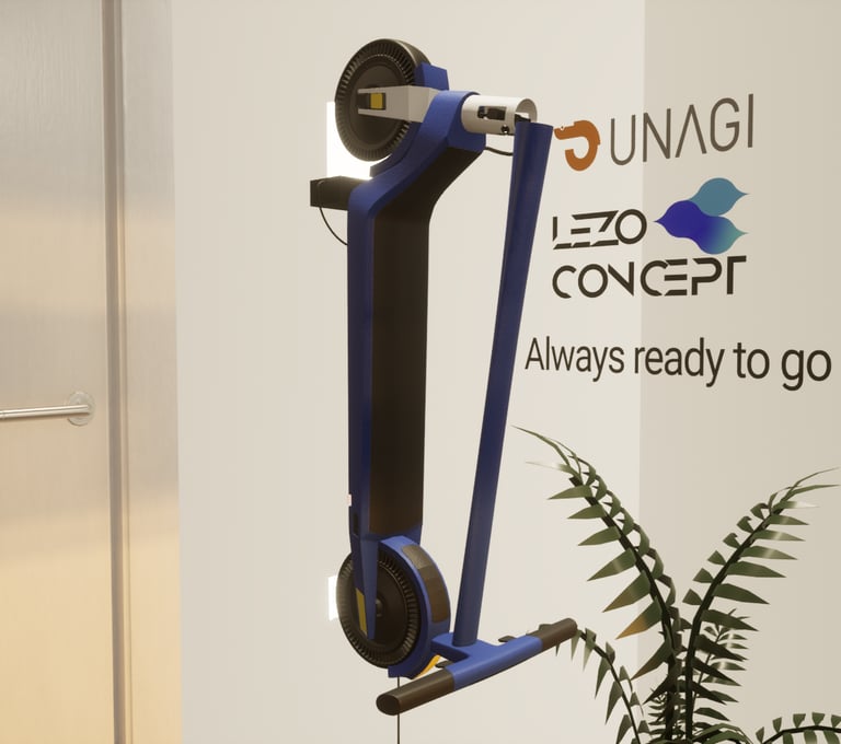 patinete electrico Unagi One Voyager en un soporte de pared