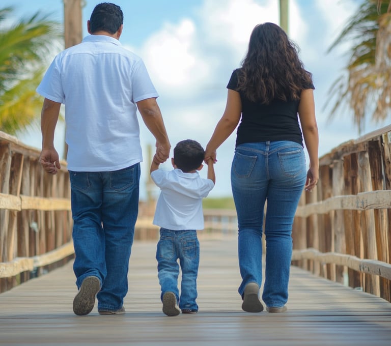 Fotografía de una madre y un padre tomando de cada extremo a su hijo pequeño caminando en un malecón