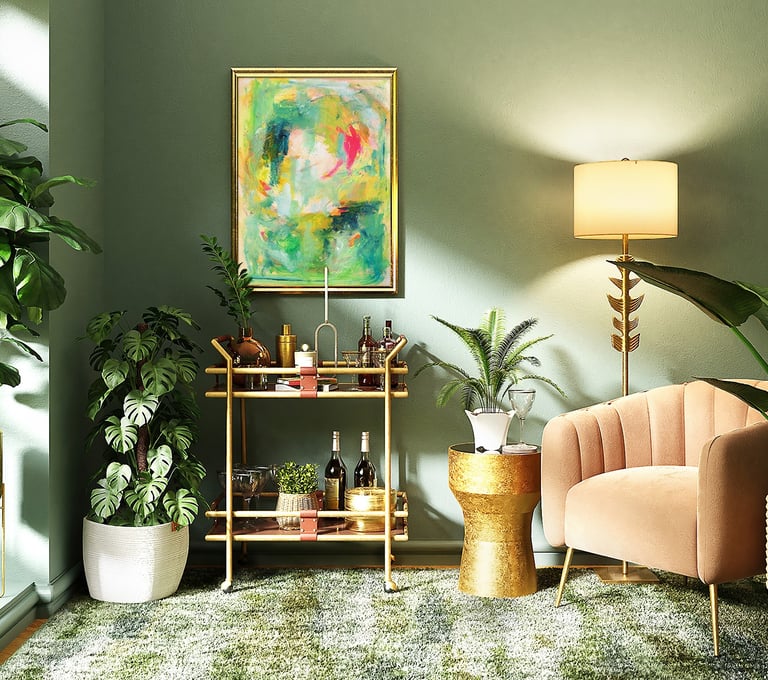 a living room with a couch, chair, and the painting "gifts of abundance" above, wonderful greens