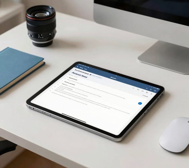 A professional desk setup in a bright South American / Brazilian home office, featuring a tablet with a clean, expert-level interface design, surrounded by subtle steel blue and soft off-white accessories.