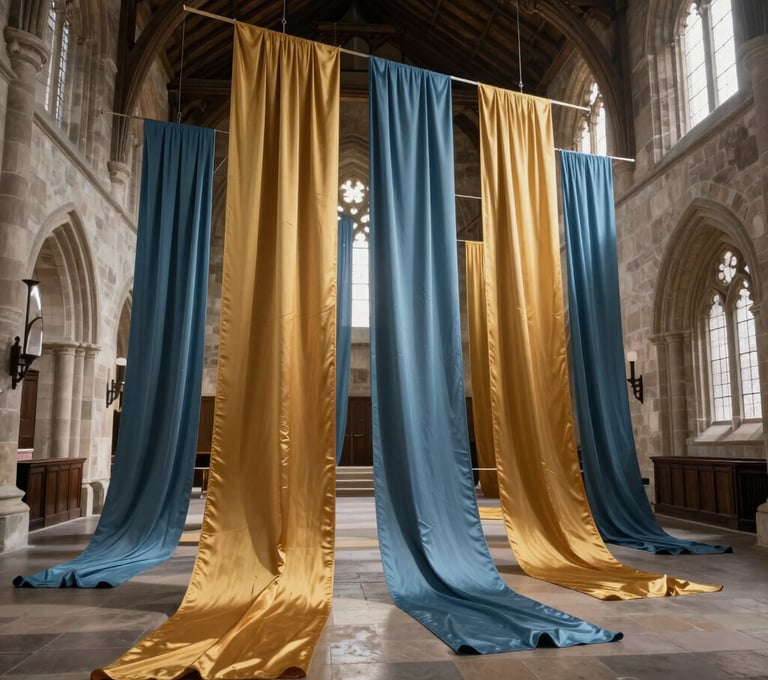 A wide-angle photograph of an experimental art installation inside a historic Northern European / Welsh / British chapel, with beams of light illuminating contemporary hanging textiles in muted slate blue and rich ochre gold.