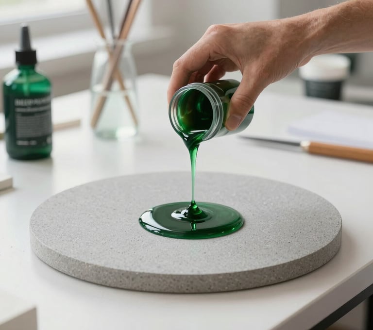 An artist's hands carefully pouring liquid Deep Forest Green resin onto a circular Sandstone Grey canvas in a bright, modern International / Global workshop.