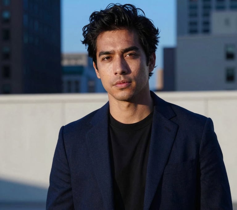 A medium-shot portrait of a creative visionary looking directly into the camera with a bold, confident expression. Photographed in a North American / US city setting during the blue hour. The subject's face is illuminated by soft, cool light, contrasting with a deep navy blue and off-white urban backdrop.
