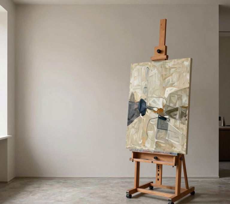 A professional architectural photograph of a minimalist art studio with an abstract oil painting on an easel. The space is filled with soft, diffused light. Palette colors: stone, taupe, and cream. International / Western setting.