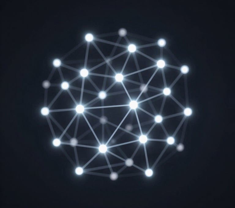 An abstract, sophisticated visualization of a neural network. Interconnected glowing points against a dark #0A1118 background, representing the AI engine behind the Aether project.