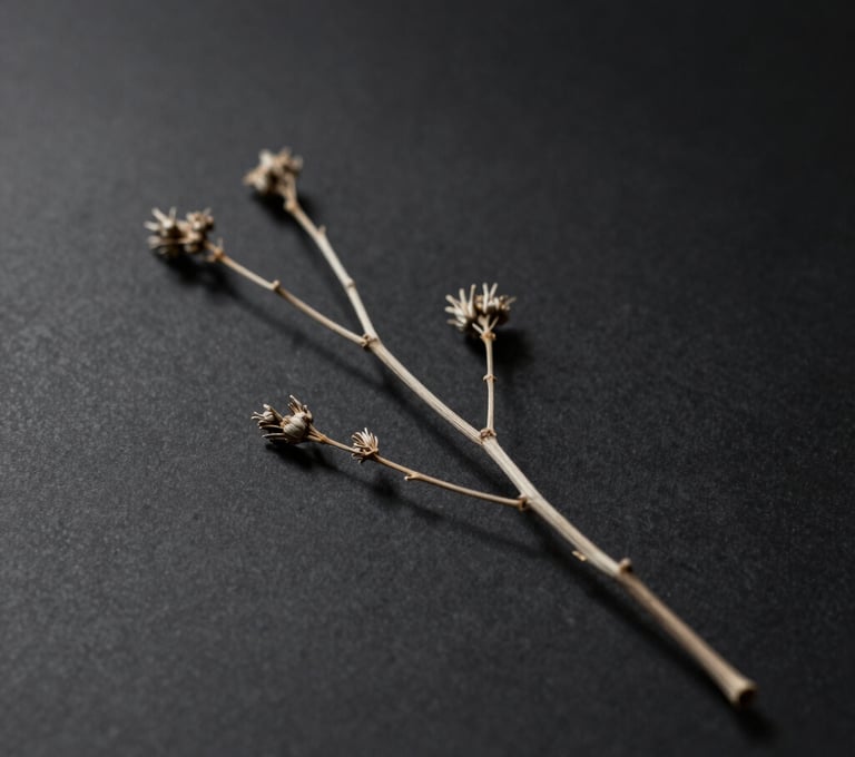 A single, minimalist dried botanical branch casting a long, elegant shadow on a dark matte surface, using #000000 and #B5A591 for a refined, modern aesthetic.