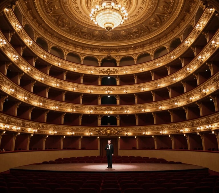 A wide shot of a grand, historic opera house interior. The architecture is ornate with gold leaf and burgundy seating. The tenor is a small but central figure on the stage, bathed in a single focused light. Sophisticated and grand.