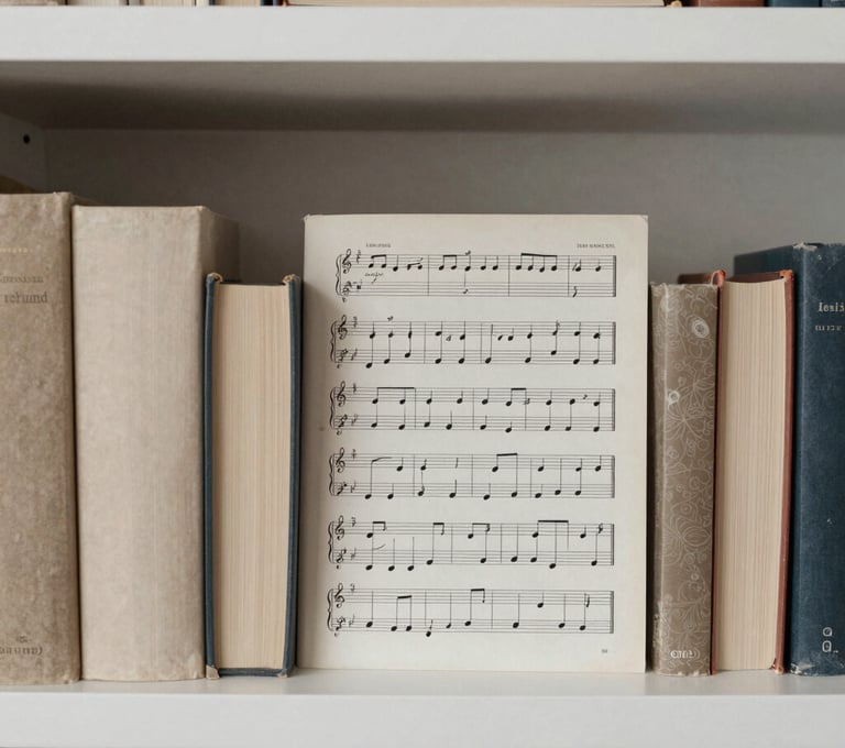 A collection of scholarly books and music scores neatly arranged on a minimalist shelf, representing musical research. Refined and intellectual atmosphere. Soft off-white and muted stone brown palette. Southern European / Spanish university library feel.