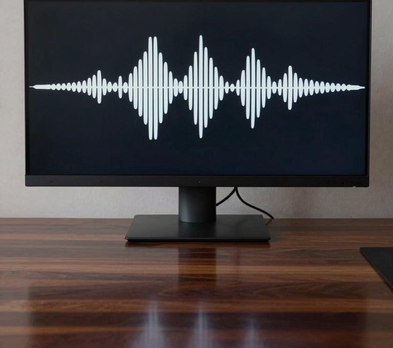 A minimalist composition showing soundwave patterns on a professional monitor, reflecting onto a wooden desk surface of deep espresso color. The atmosphere is modern and clear.