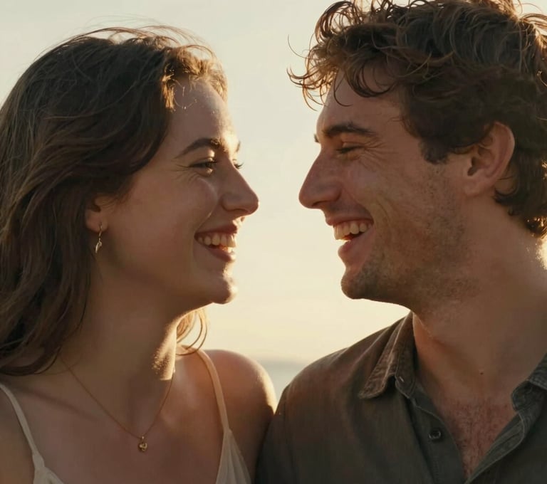 Authentic portrait of a young couple laughing together, backlit by the golden Iberian sun. The composition is intimate and cinematic, focusing on genuine connection and sun-drenched skin tones.