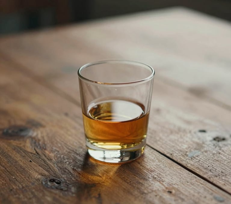 A still life composition of a rustic wooden table featuring a single glass of amber liquid catching the light, reflecting colors like #6F604F and #C4B29A. The mood is sophisticated and peaceful, like a memory frozen in time.