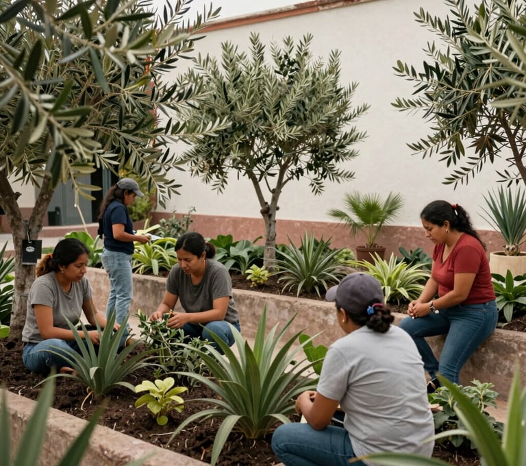 A vibrant but professional photograph of an Urban Huerto in Querétaro. Community members interacting with green infrastructure, lush olive green plants against soft off-white walls.