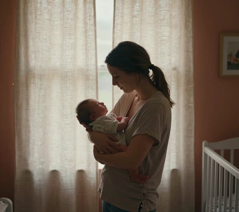 A cinematic portrait of a mother holding her newborn in a nursery within a North American / US home. The atmosphere is peaceful and intimate, with warm light filtering through linen curtains. Textures of soft sand and muted terracotta create a cozy mood.