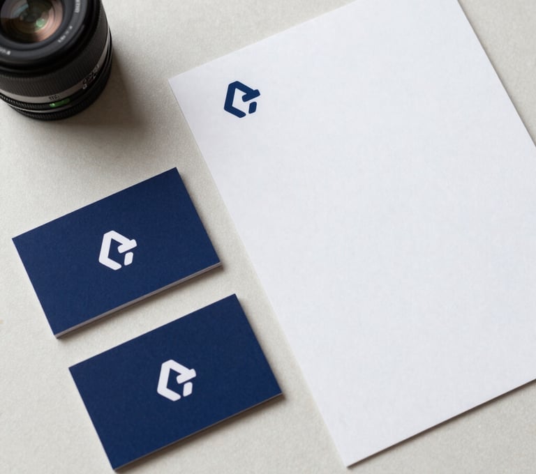 A top-down view of corporate identity materials, including business cards and a letterhead, featuring a minimalist logo in navy blue, arranged neatly on an off-white textured surface.