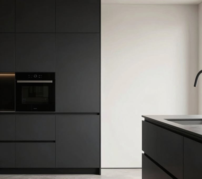 Vertical shot of a minimalist kitchen design. Sleek deep charcoal black cabinets against a soft off-white wall. Clean, shadow-defined lines and professional architectural lighting.