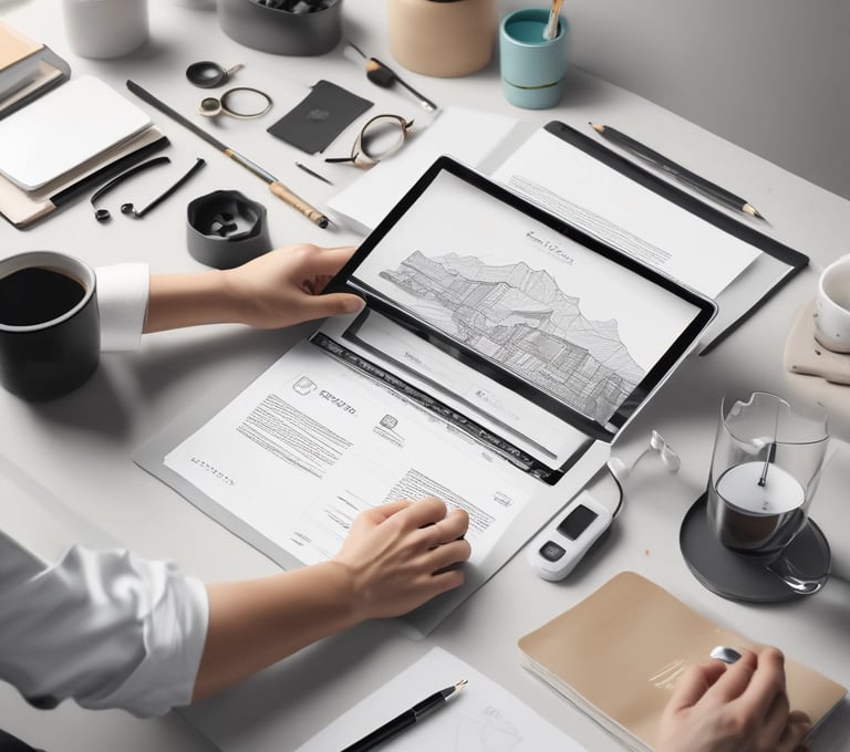 An artist's desk blending digital art on a tablet with traditional sketches and notes.