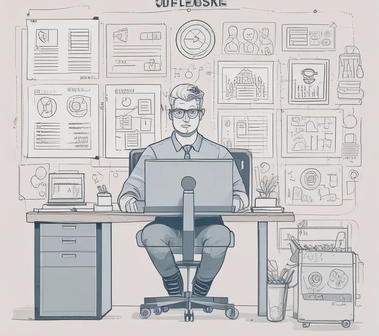 An artist's desk blending digital art on a tablet with traditional sketches and notes.