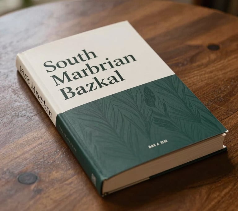 An elegant book cover lying on a wooden table in a South American / Brazilian library, with soft morning light and a palette of Pearl Mist and Deep Charcoal Green.