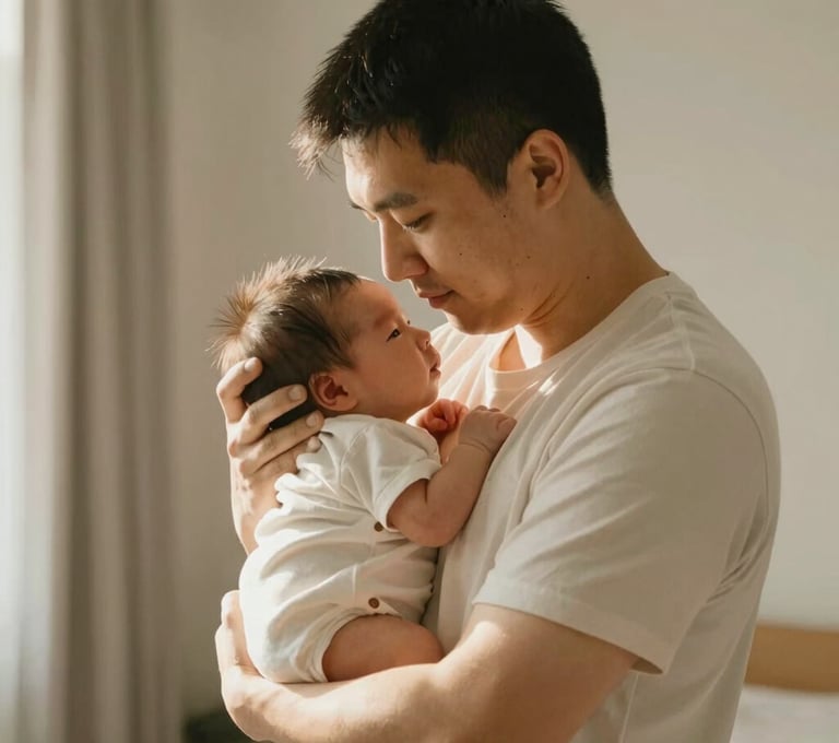 An authentic, candid shot of a father holding his newborn against his chest. He is standing in a sun-lit room. The composition is intimate and storytelling-focused, capturing a real moment of connection. Warm, sun-drenched lighting style.