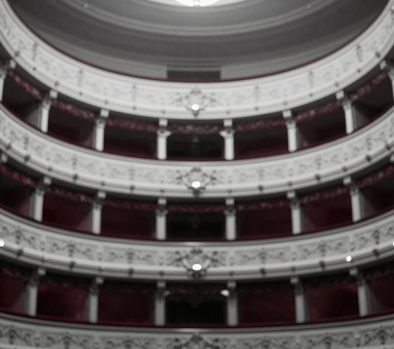 An artistic black and white style shot of an opera house's red velvet curtains and gold detailing. Timeless and grand atmosphere. Palette uses #2B2D42 and #F5F0EC.
