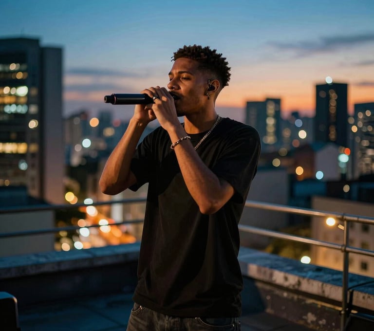 A high-energy music video thumbnail of an artist performing on a São Paulo rooftop at dusk. Vibrant urban lighting, cinematic blue and orange hues, with city lights blurred in the background.
