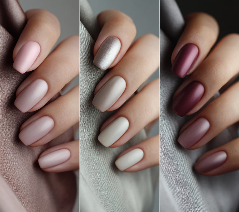 Minimal manicure colors in soft pink, ivory, and deep burgundy matte finishes