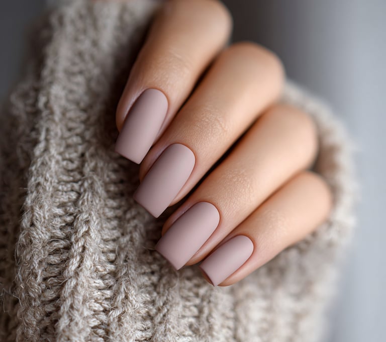 Matte mauve nude nails styled with a cozy knit sweater
