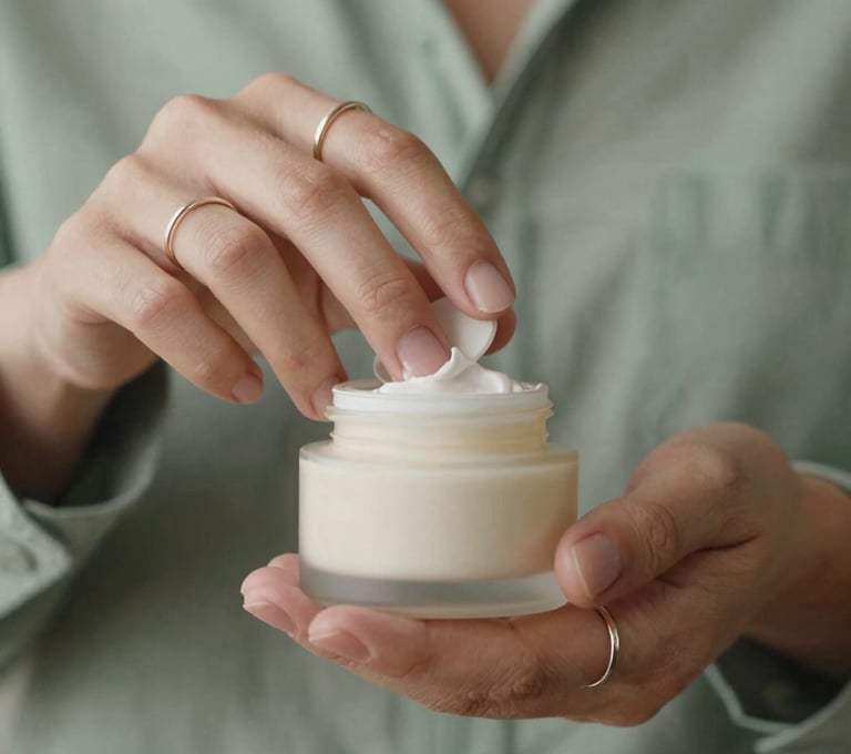 Close-up of hands with minimalist rings opening a Warm Off-White cream jar. The composition is clean and centered, featuring Muted Sage textiles in the soft-focus background.