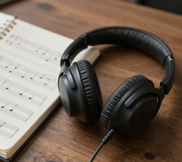 A pair of professional studio headphones resting on a wooden table next to a music notebook with handwritten chords. Atmospheric lighting with soft off-white and muted slate grey.