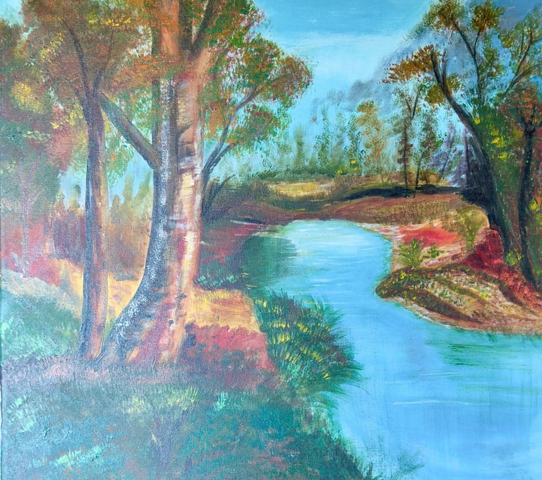 Acrylic Painting of River, Trees, and Clear Sky Invites reflection and serenity.