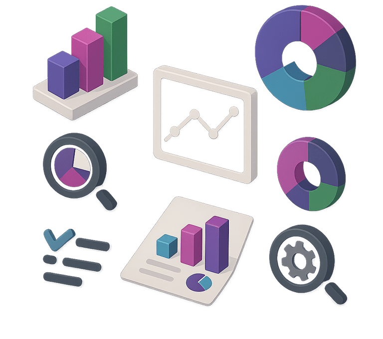 3D isometric data analytics icons showing bar charts, pie graphs, and line charts for business reports.