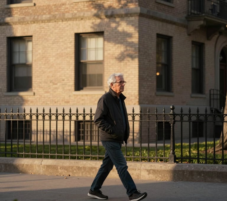 A senior student walking through an urban North American / US park with classic brick architecture and wrought iron fences. Sophisticated style, golden hour lighting, with tones of beige and dark brown in the composition.