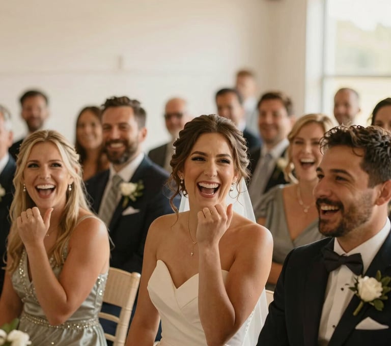 A candid shot of wedding guests cheering during a North American / US ceremony. Cinematic depth of field, authentic expressions of joy, and warm sun-drenched light casting a soft sand tone over the scene.