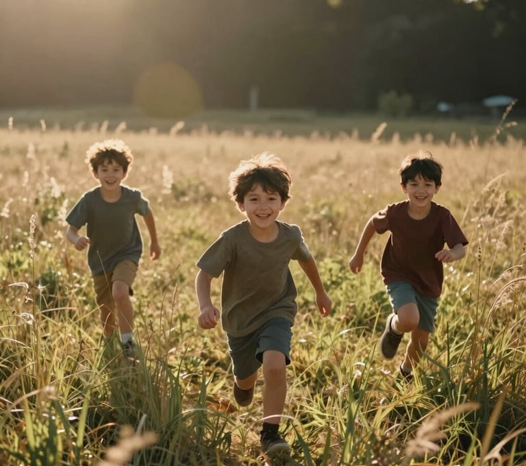 A candid shot of young children running through tall grass in a sun-filled North American meadow. The style is cinematic lifestyle photography with warm sun flares and a friendly, authentic mood featuring soft sand and deep brown tones.