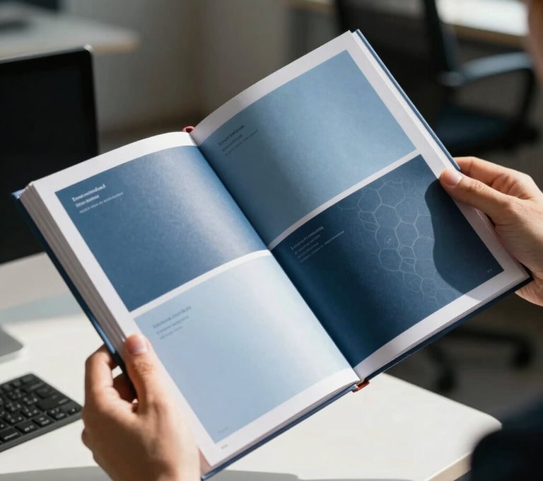A designer's hands holding a professionally bound brand style guide in a sunlit International / Western creative agency. The pages show a sophisticated color palette of muted steel blue and soft sky blue. Focus is sharp on the print quality.