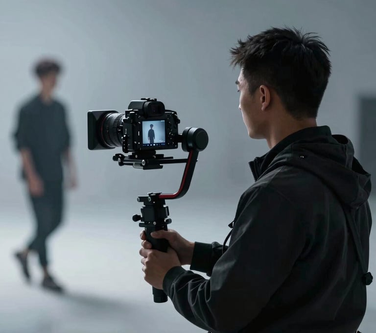 A professional camera operator wearing dark production gear, using a gimbal stabilizer to capture a player walk-out. The lighting is sophisticated and moody, incorporating tones of #8EA7BF for a sleek look.