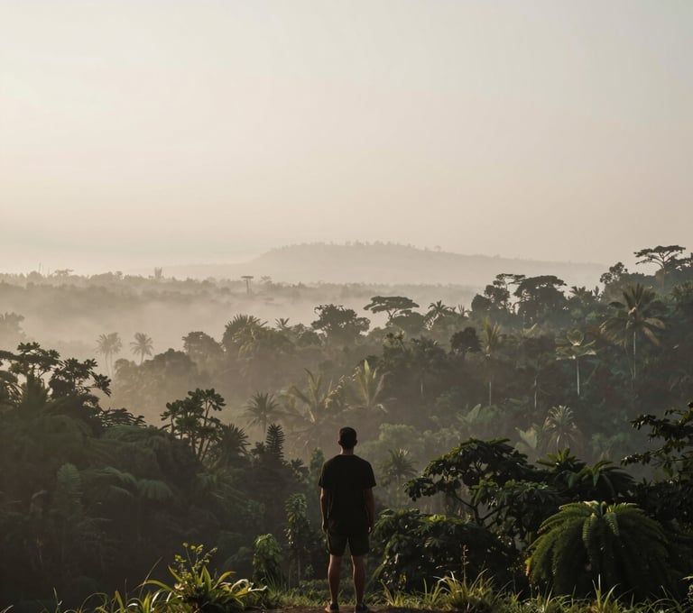 A wide atmospheric shot of a solo traveler looking over the misty Ubud jungle at dawn. The deep greens and earth tones of #3F322A blend with the soft #F8F5EF mist. The composition is minimalist and serene, emphasizing natural beauty and authenticity.