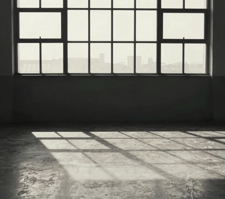 An abstract composition of sharp shadows on a polished floor reflecting a large industrial window. Monochromatic study in dark gray and off-white. Calm and contemplative mood, Global / Contemporary Art.